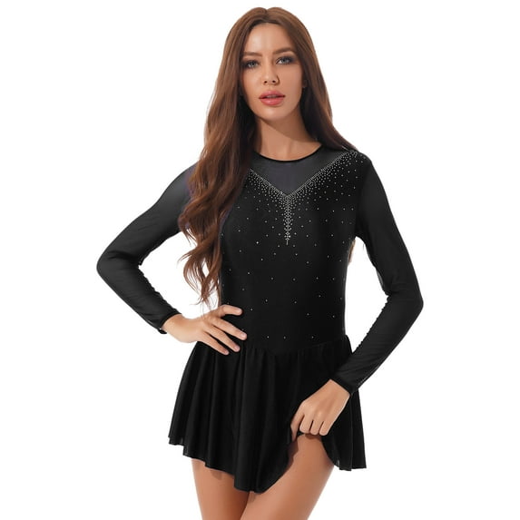 CHICTRY Womens Rhinestones Dance Dress Mesh Long Sleeve Skating Costume