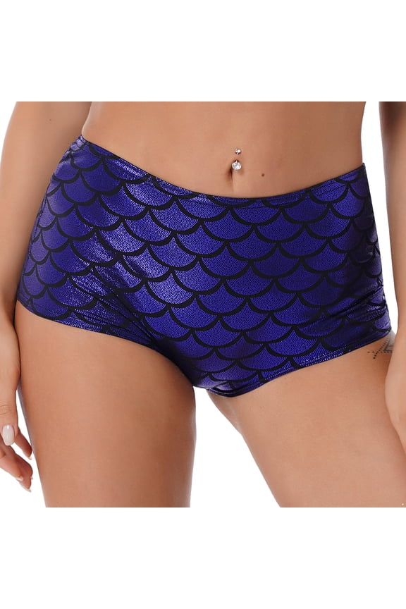 Womens Shiny Fish Scale Patterns Hot Pants High Waisted Shorts Rave Pole Dancing Costume Blue One Size