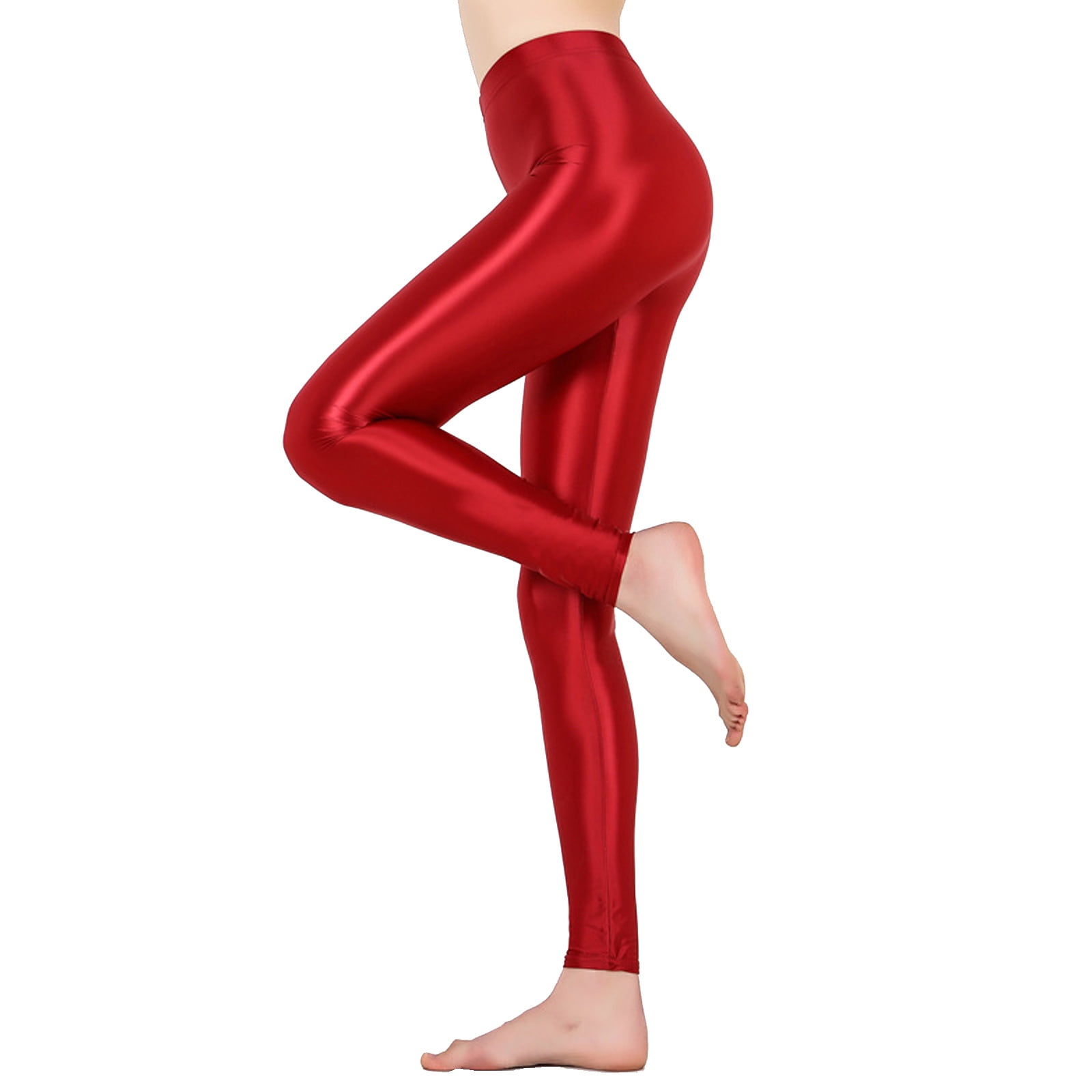 CHICTRY Womens Shiny Leggings Yoga Pants Glossy High Waist Tights Trousers  for Workout Fitness Club Dance Burgundy XL 