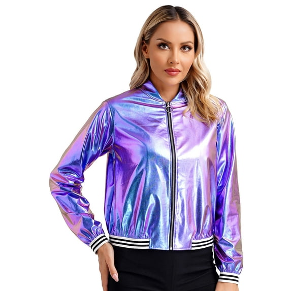 CHICTRY Womens Shiny Metallic Bomber Jacket Holographic Long Sleeve Zipper Front Coat Blue XL