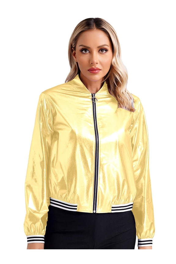 Womens Shiny Metallic Bomber Jacket Holographic Long Sleeve Zipper Front Coat Gold S