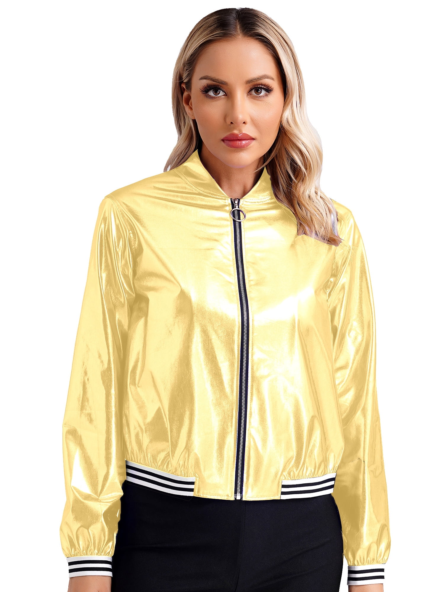 CHICTRY Womens Shiny Metallic Bomber Jacket Holographic Long Sleeve Zipper Front Coat Gold XXL