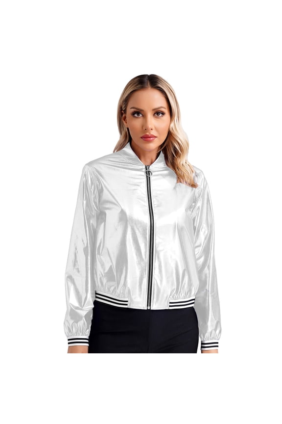 Womens Shiny Metallic Bomber Jacket Holographic Long Sleeve Zipper Front Coat Silver XXL