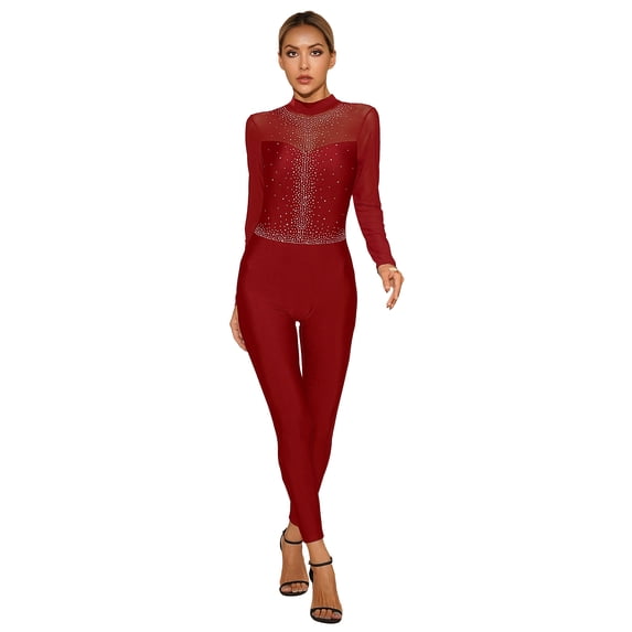 CHICTRY Womens Shiny Rhinestone Figure Skating Bodysuit Mesh Patchwork Long Sleeve Dance Gymnastics Unitard Burgundy S
