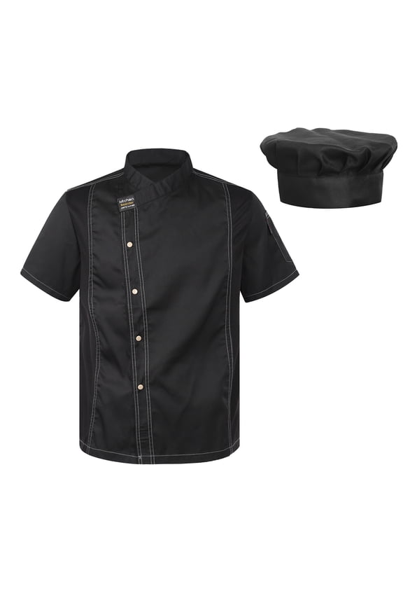 Womens Short Sleeve Chef Kitchen Work Uniform Chef Coat Cook Jacket Canteen Cake Shop Shirt Black M