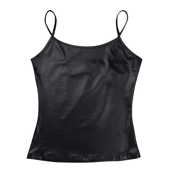 CHICTRY Womens Sleeveless T-shirt Shiny Patent Leather Cami Tank Tops Casual Spaghetti Straps Vest Black L