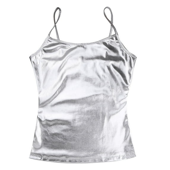 CHICTRY Womens Sleeveless T-shirt Shiny Patent Leather Cami Tank Tops Casual Spaghetti Straps Vest Silver XL