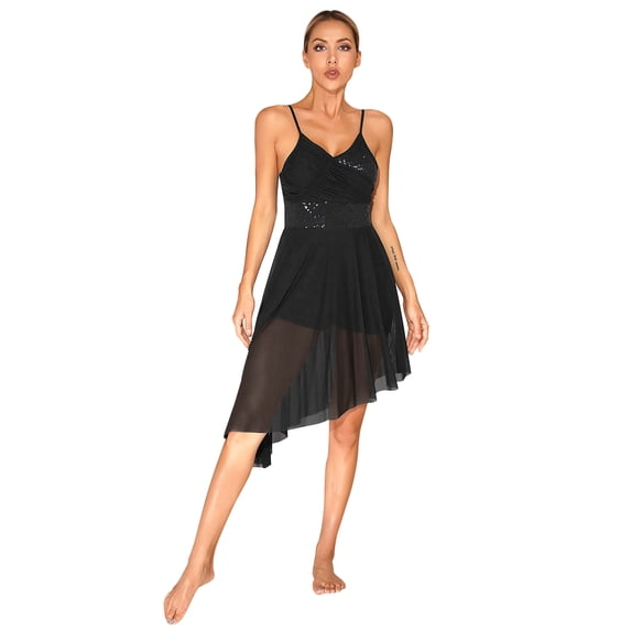 CHICTRY Womens Spaghetti Straps Dance Dress Sparkly Asymmetrical Hem Ballet Lyrical Dance Leotard Dress Black XL
