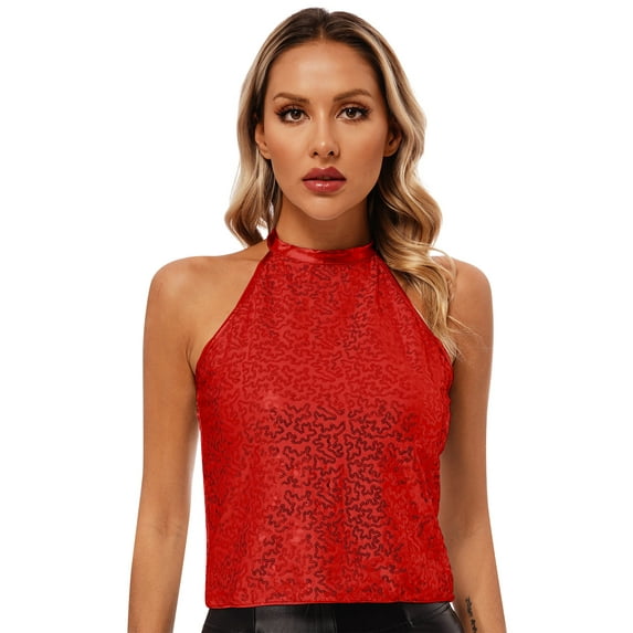 CHICTRY Womens Sparkling Sequin Crop Top Halter Buckle Closure Backless Tops for Jazz Dance Gymnastics Red One Size