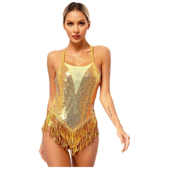 CHICTRY Womens Sparkling Sequins Fringed Dancewear Cross Back Latin Jazz Samba Dance Leotard