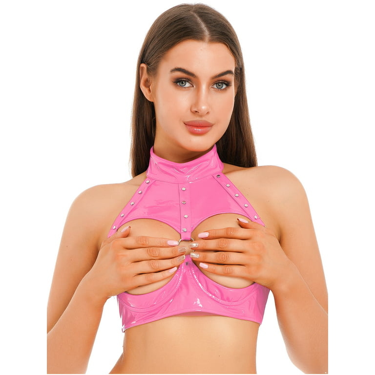 CHICTRY Womens Wetlook Harness Bra Cupless Bra Latex Backless Crop Top  Exotic Lingerie Hot Pink XXL