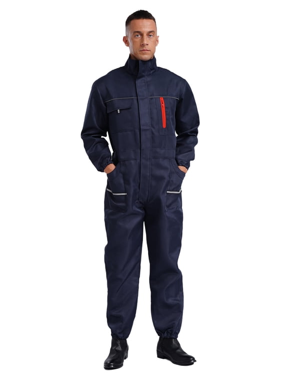 Work Overalls for Men One Piece Wear-Resistant Mechanics Jumpsuit Long Sleeve Coveralls Navy Blue 180/XXL