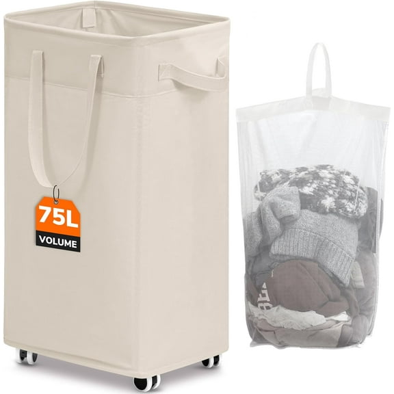 CHICVITA Collapsible Laundry Basket on Wheels 75L, Slim Laundry Hamper with Removable Wash Bag for Bedroom, Clothes Hampers for Laundry, Ivory