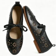 CHICVOMEY Ballet Flats for Women Mary Jane Shoes Breathable Hollow-Out Floral Comfortable Lace Up Dressy & Casual Flats