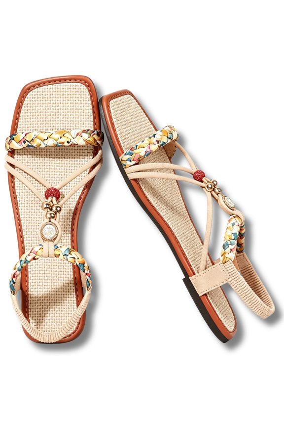 Boho Woven Braided Sandals for Women Elastic Back Strap Square Toe Flats T-Strap Slip On Summer Shoes for Beach Vacaton Holiday Daily Weekend