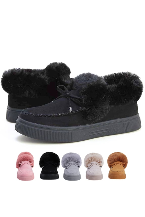 Bow Loafers for Women Moccasin House Slippers Winter Slip-On Loafers with Fur Lining Platform Sole for Casual Walking