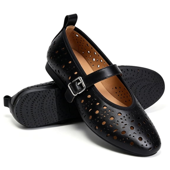 CHICVOMEY Breathable Mesh Mary Jane Shoes for Women Leather Ballet Flats with Buckle Fashion Fishnet Flats for Women Casual & Work Fashion Flats
