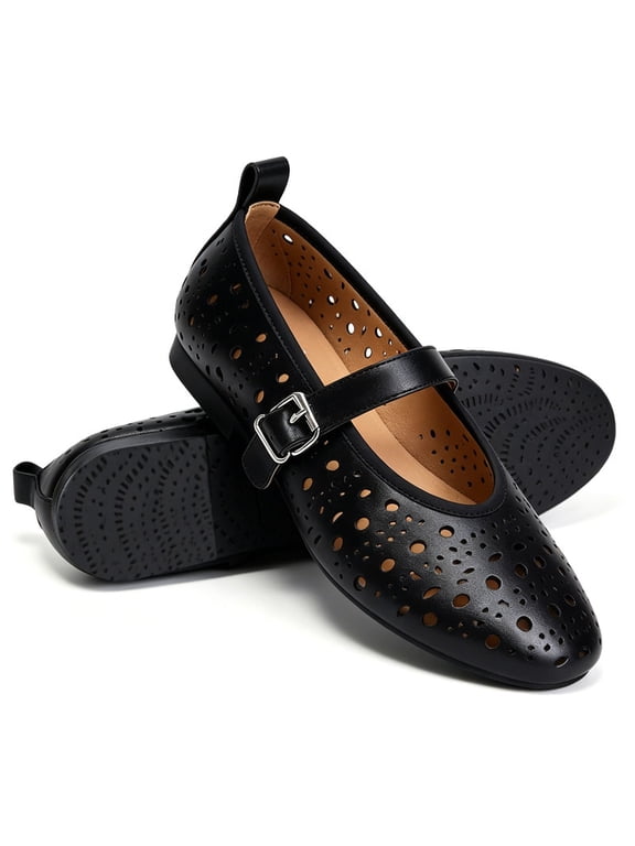 Breathable Mesh Mary Jane Shoes for Women Leather Ballet Flats with Buckle Fashion Fishnet Flats for Women Casual & Work Fashion Flats