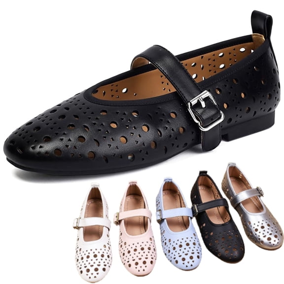 CHICVOMEY Breathable Mesh Mary Jane Shoes for Women Leather Ballet Flats with Buckle Fashion Fishnet Flats for Women Casual & Work Fashion Flats