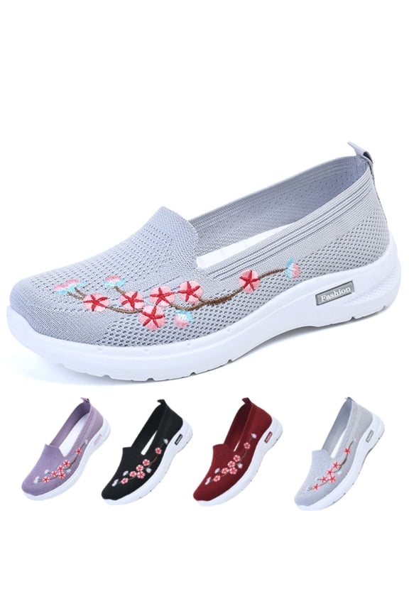 Casual Walking Sneakers for Women Flower Embroidered Slip On Flats Breathable Mesh Flats Comfort Walking Sneakers for Women with Memory Foam Non-Slip