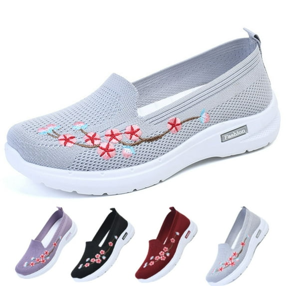CHICVOMEY Casual Walking Sneakers for Women Flower Embroidered Slip On Flats Breathable Mesh Flats Comfort Walking Sneakers for Women with Memory Foam Non-Slip