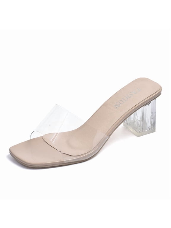 Clear Block Heel Sandals for Women Chunky Heel Open Toe Slip on Shoes Square Toe Transparent Strap Mule Slides for Beach Vacation Summer Party Daily Wear
