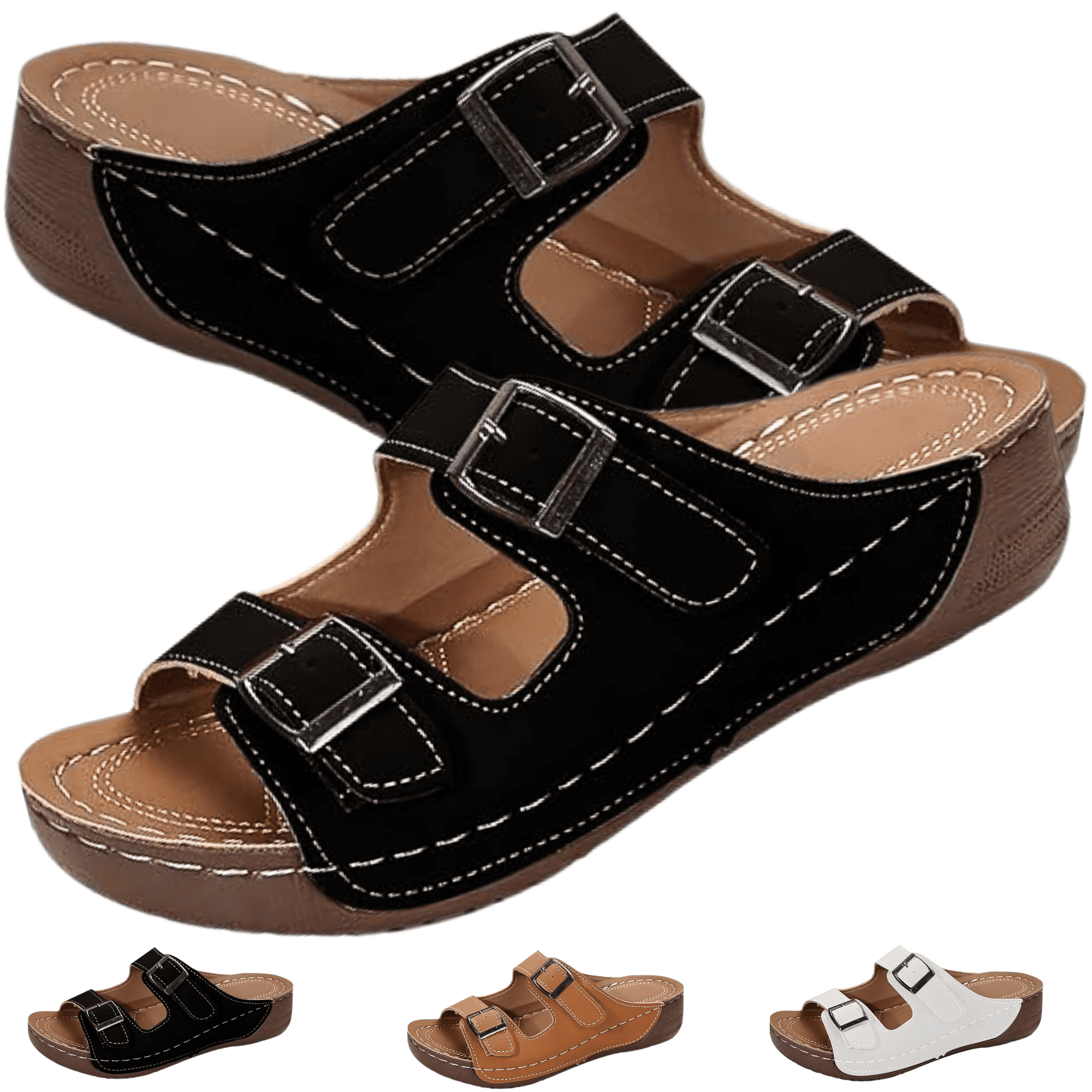 SDNall Women s Roman Sandals Double Strap Cushioned Arch Support Footbed Comfort Adjustable Ankle Buckle Versatile Beach Casual Flat Sandals Brown Wh