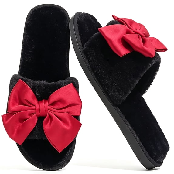 CHICVOMEY Cute Slippers for Women with Bow Fuzzy Open-Toe Slippers Memory Foam Indoor Slippers Soft Comfy House Shoes