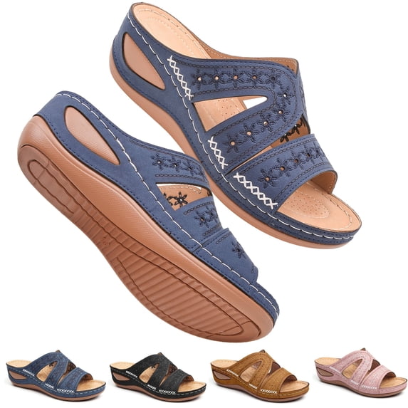 CHICVOMEY Floral Cut-Out Wedge Sandals for Women Arch Support Slip-On Sandals Comfort Summer Casual Shoes Open Toe Sandals Lightweight Cushioning