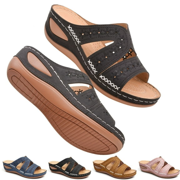 CHICVOMEY Floral Cut-Out Wedge Sandals for Women Arch Support Slip-On Sandals Comfort Summer Casual Shoes Open Toe Sandals Lightweight Cushioning