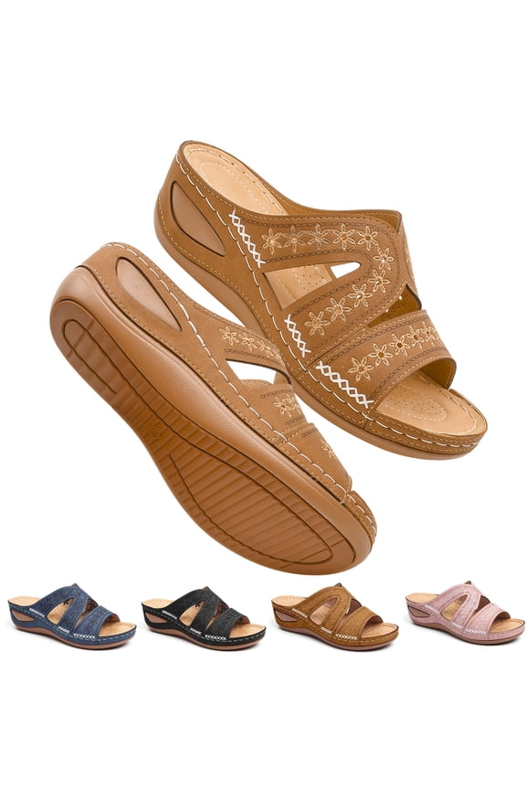 Floral Cut-Out Wedge Sandals for Women Arch Support Slip-On Sandals Comfort Summer Casual Shoes Open Toe Sandals Lightweight Cushioning