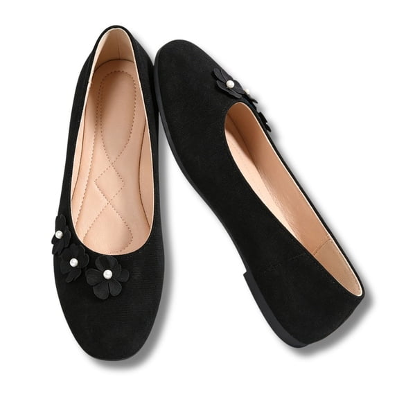 CHICVOMEY Floral Pearl Ballet Flats for Women Round Toe Faux Suede Mary Jane Shoes Casual Slip On Flats for Office Bridesmaid Everyday Wear