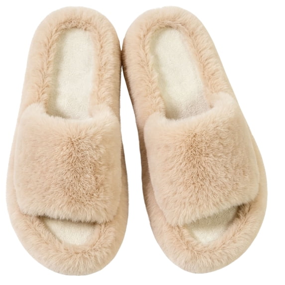 CHICVOMEY Fuzzy Open Toe Slippers for Women Memory Foam Cozy Fluffy Ladies Slippers Cute Bedroom House Slippers Slip on Shoes Indoor