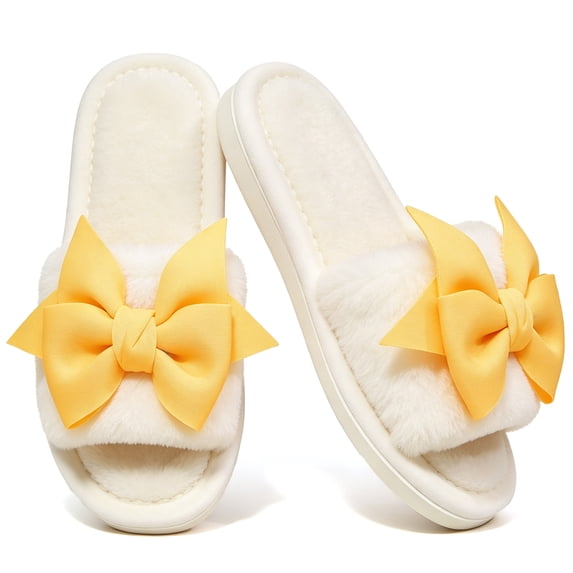 CHICVOMEY Fuzzy Slippers for Women Cute Bow Open-Toe Slippers Soft Comfy House Shoes Memory Foam Indoor House Slipper