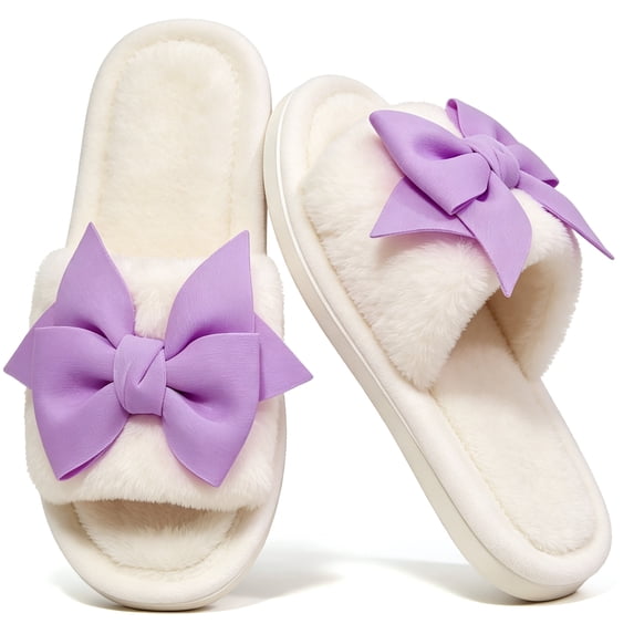 CHICVOMEY Fuzzy Slippers for Women Cute Bow Open-Toe Slippers Soft Comfy House Shoes Memory Foam Indoor House Slipper