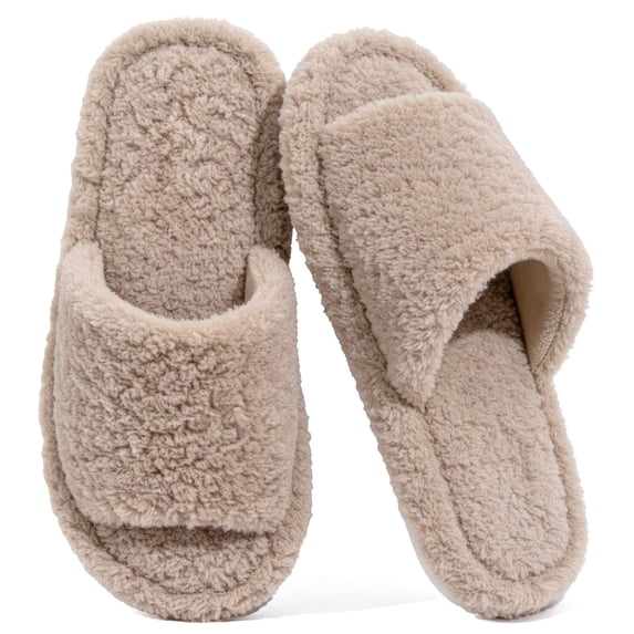 CHICVOMEY Fuzzy Slippers for Women Open Toe Memory Foam House Slipper Indoor Bedroom Slides Cozy Warm Non-slip Sole