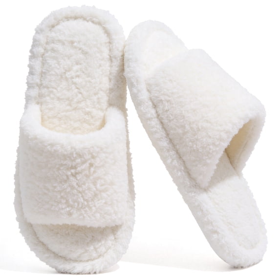 CHICVOMEY Fuzzy Slippers for Women Open Toe Memory Foam House Slipper Indoor Bedroom Slides Cozy Warm Non-slip Sole