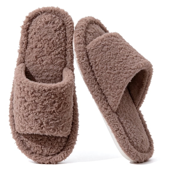 CHICVOMEY Fuzzy Slippers for Women Open Toe Memory Foam House Slipper Indoor Bedroom Slides Cozy Warm Non-slip Sole
