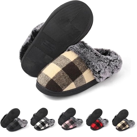 CHICVOMEY House Slippers for Women & Men Checkered Plaid Memory Foam Slippers with Fuzzy Faux Fur Non-Slip Cozy House Slippers