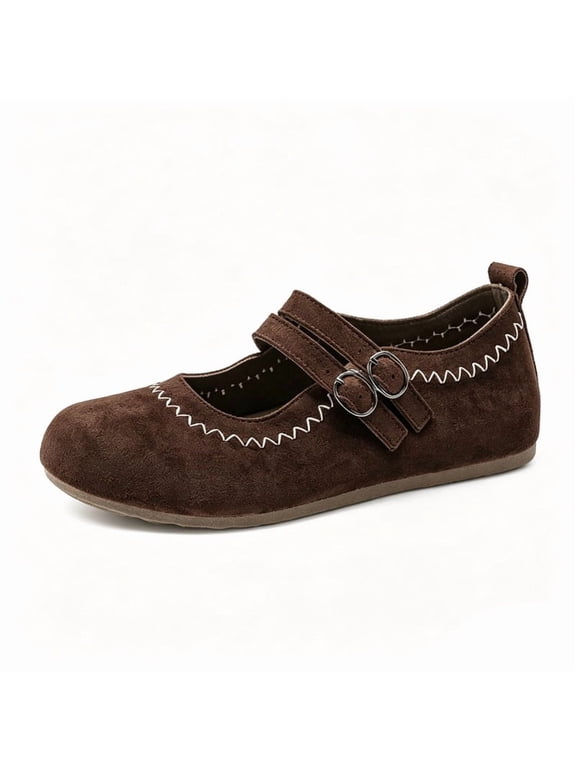 Mary Jane Shoes Women Retro Cute Round Toe Adjustable Double Buckle Straps Flat Comfy Flats for Women for School Daily Office Light Formal