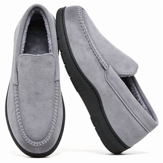 CHICVOMEY Men's Suede Moccasin Slippers with Faux Fur Lining - Indoor Outdoor Winter House Shoes Slip-On Slippers
