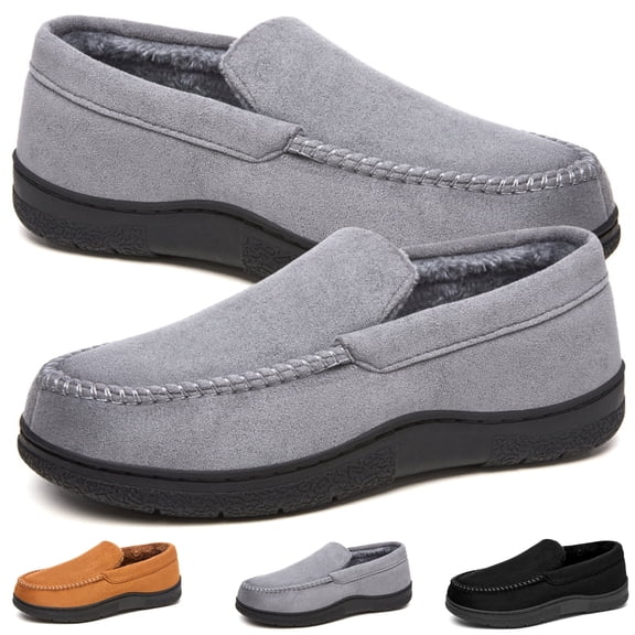 CHICVOMEY Men's Suede Moccasin Slippers with Faux Fur Lining - Indoor Outdoor Winter House Shoes Slip-On Slippers