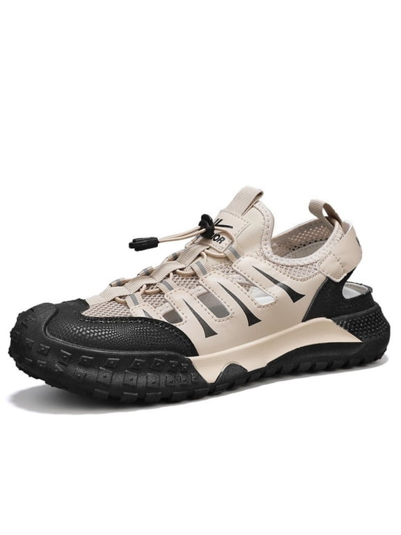 Mens Breathable Cut Out Sport Sandals Quick Dry Mesh Closed Toe Outdoor Shoes Non Slip Thick Sole Adjustable Slip On Sandals for Hiking Beach Casual Summer Wear