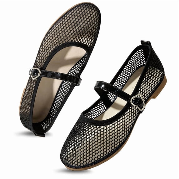 CHICVOMEY Mesh Mary Jane Shoes for Women Breathable Ballet Flats with Buckle Fashion Fishnet Flats for Women Casual & Work Fashion Flats