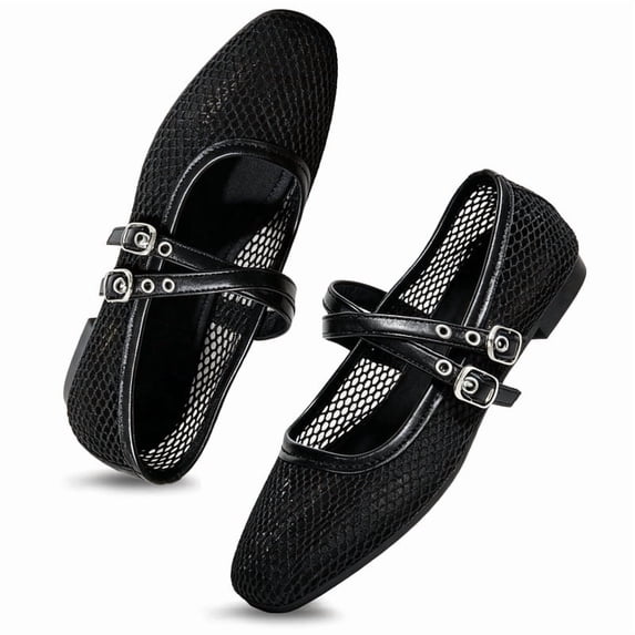 CHICVOMEY Mesh Mary Jane Shoes for Women Breathable Ballet Flats with Buckle Fashion Fishnet Flats for Women Casual & Work Fashion Flats