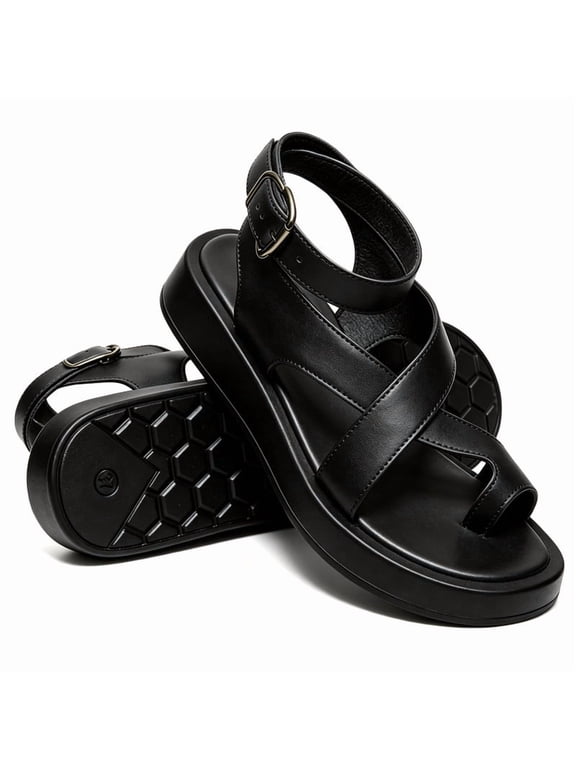 Minimalist Cross Strap Platform Sandals for Women Adjustable Ankle Band Slip On Flat Shoes Open Toe Non-Slip FlipFlops for Summer Vacation Poolside