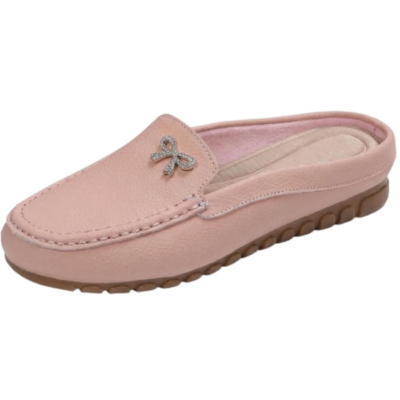 CHICVOMEY Mules for Women Exquisite Rhinestone Bow Comfortable Leather Round Toe Convenient Backless Easy Slip-On Perfect for Casual Office Walking