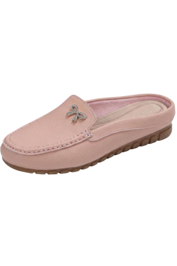 Mules for Women Exquisite Rhinestone Bow Comfortable Leather Round Toe Convenient Backless Easy Slip-On Perfect for Casual Office Walking