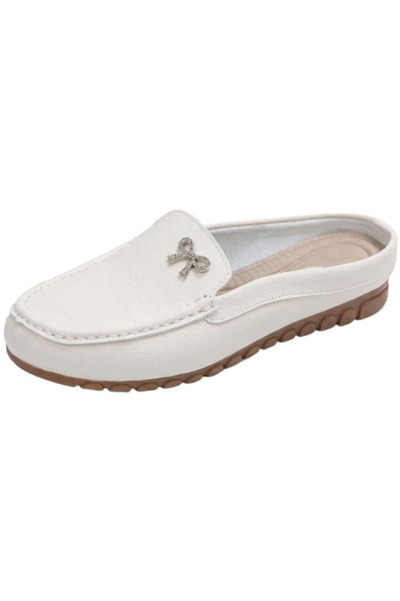 Mules for Women Exquisite Rhinestone Bow Comfortable Leather Round Toe Convenient Backless Easy Slip-On Perfect for Casual Office Walking