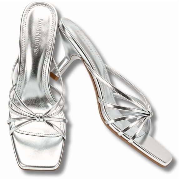 CHICVOMEY Multi Straps Stiletto Heels for Women Square Toe Slip On Dress Sandals 1.57in Comfy Breathable Party Shoes for Wedding Date Club Dinner Events